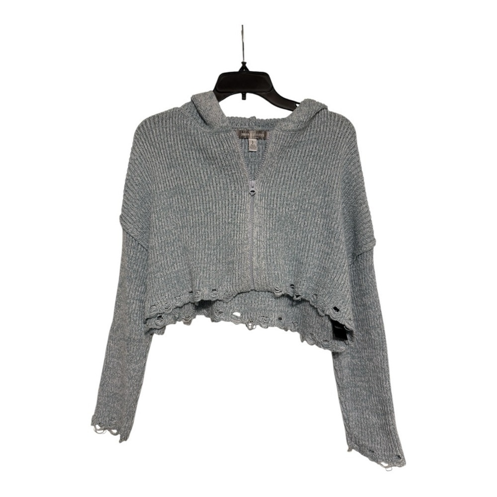 Urban Outfitters Distressed Hem Cropped Knit Zip Up Hoodie Jacket Blue Size S